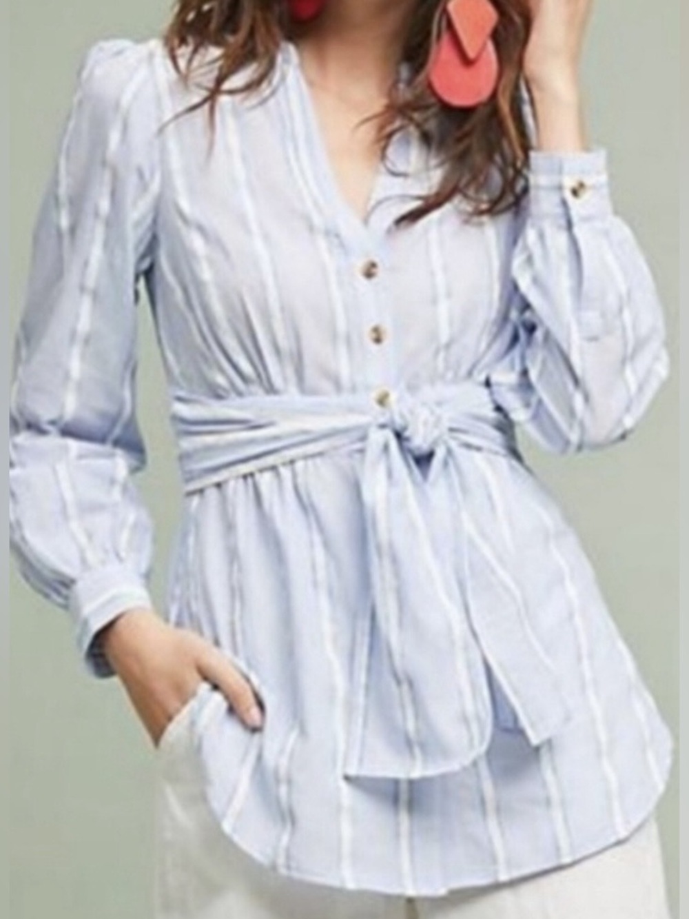 Anthropologie Blue & White Striped Button Front Tie Waist Tunic Blouse - Size 6
